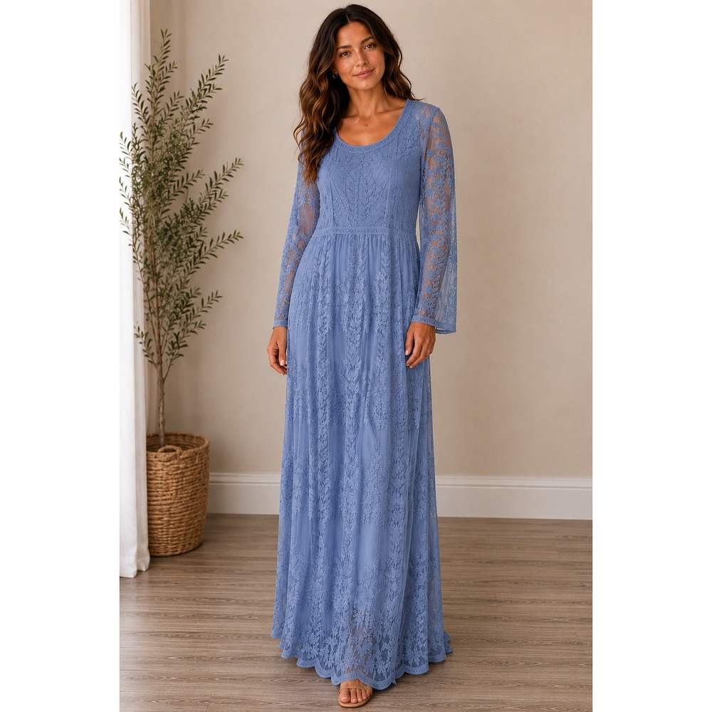 Orange Creek Blue Embroidered Mesh Maxi Dress Boho Cottagecore Fairycore M/L